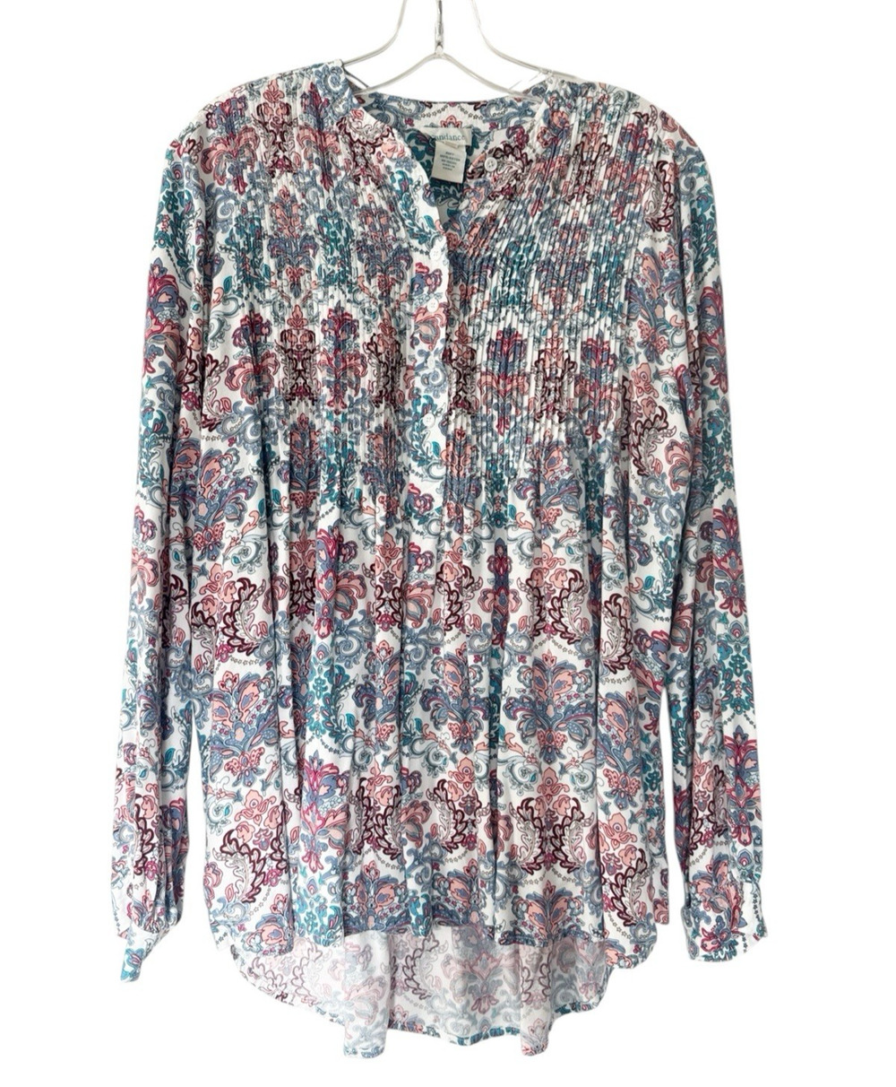 Sundance Blouse Top Paisley Floral Boho Spring Pintuck Long Sleeve Size Large